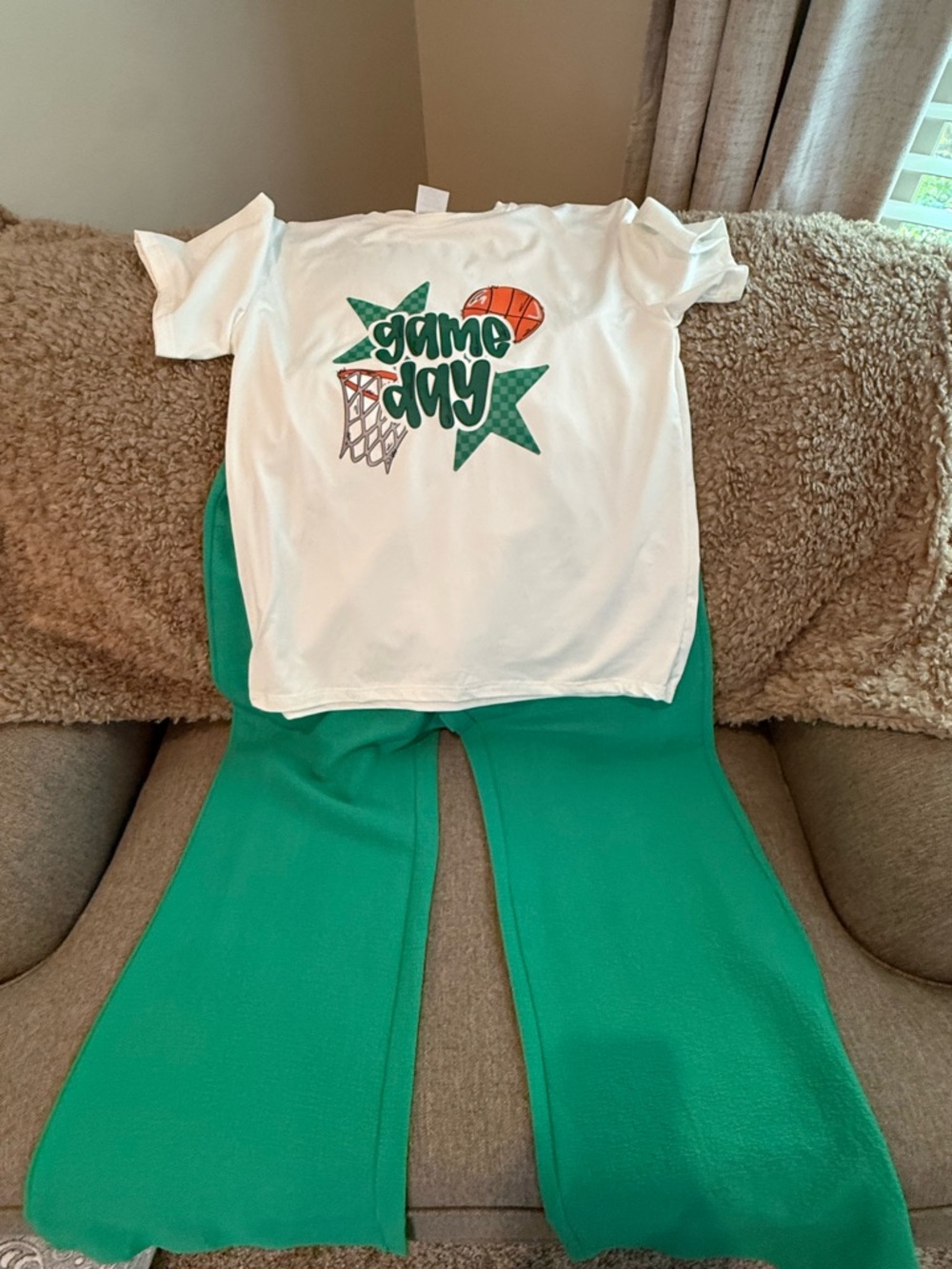 SHEIN White Graphic "Game Day" pants AND with Green Accents